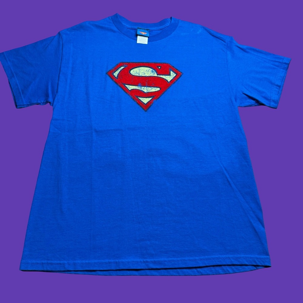 Superman Velour Logo T Shirt Large Blue Red Y2K DC Comics Warner Bros